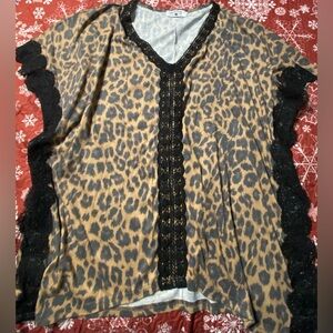 Crazy Train Leopard Print with Black Lace Trim Women's Oversized Blouse